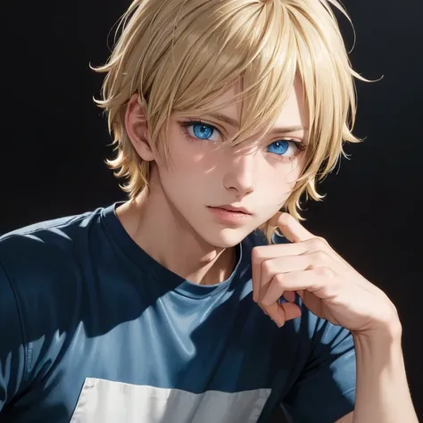 ((high quality)),((hyper realistic)), ((anime style messy soft short  haired  blonde boy with blue colored eyes)),((slender bodi...