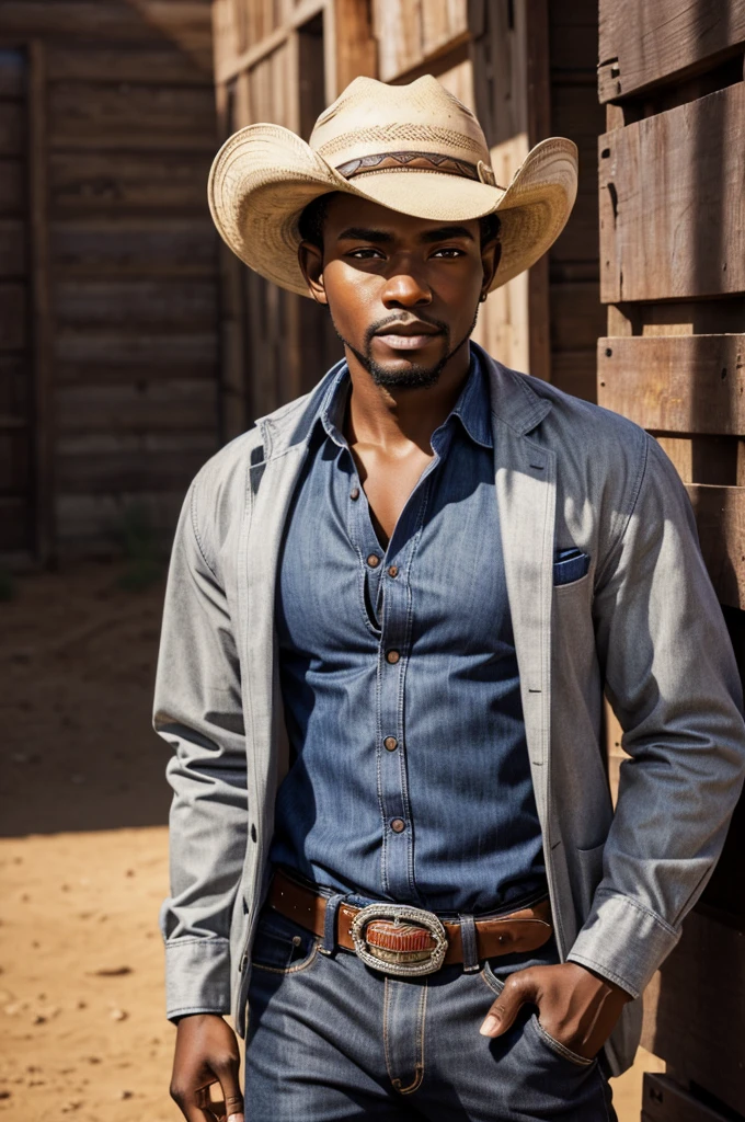 A young 1 slender African American man with a round face, short hair, wearing cowboy clothes, grey eyes, detailed portrait, realistic, photorealistic, 8k, best quality, masterpiece, ultra-detailed, vivid colors, dramatic lighting