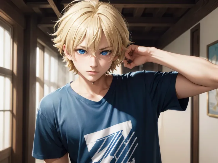 ((high quality)),((hyper realistic)), ((anime style messy soft short  haired  blonde boy with blue colored eyes)),((slender bodi...