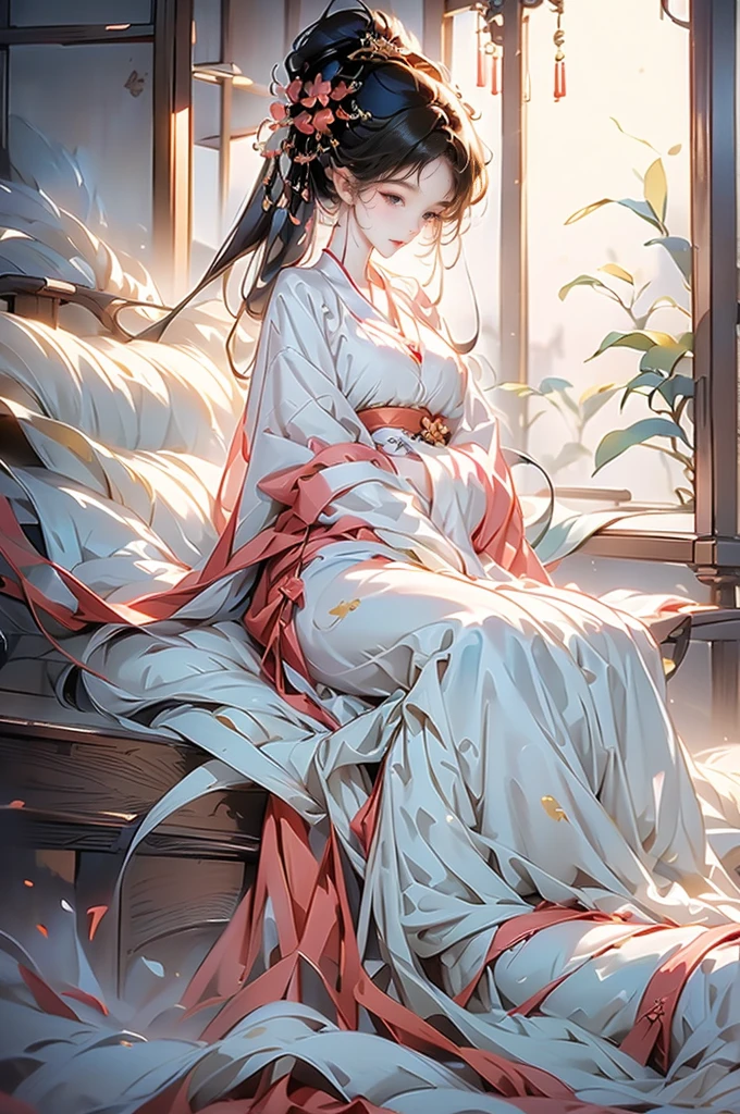 Beautiful Asian woman with fox ears kitsune, perfect full body, kitsune falls asleep tenderly with her long body pillow next to her body hugging her, while wearing light pajamas, tender, cute, kawaii, perfect, high definition (masterpiece)), ((Top Quality)), ((Authentic)), ((8K))