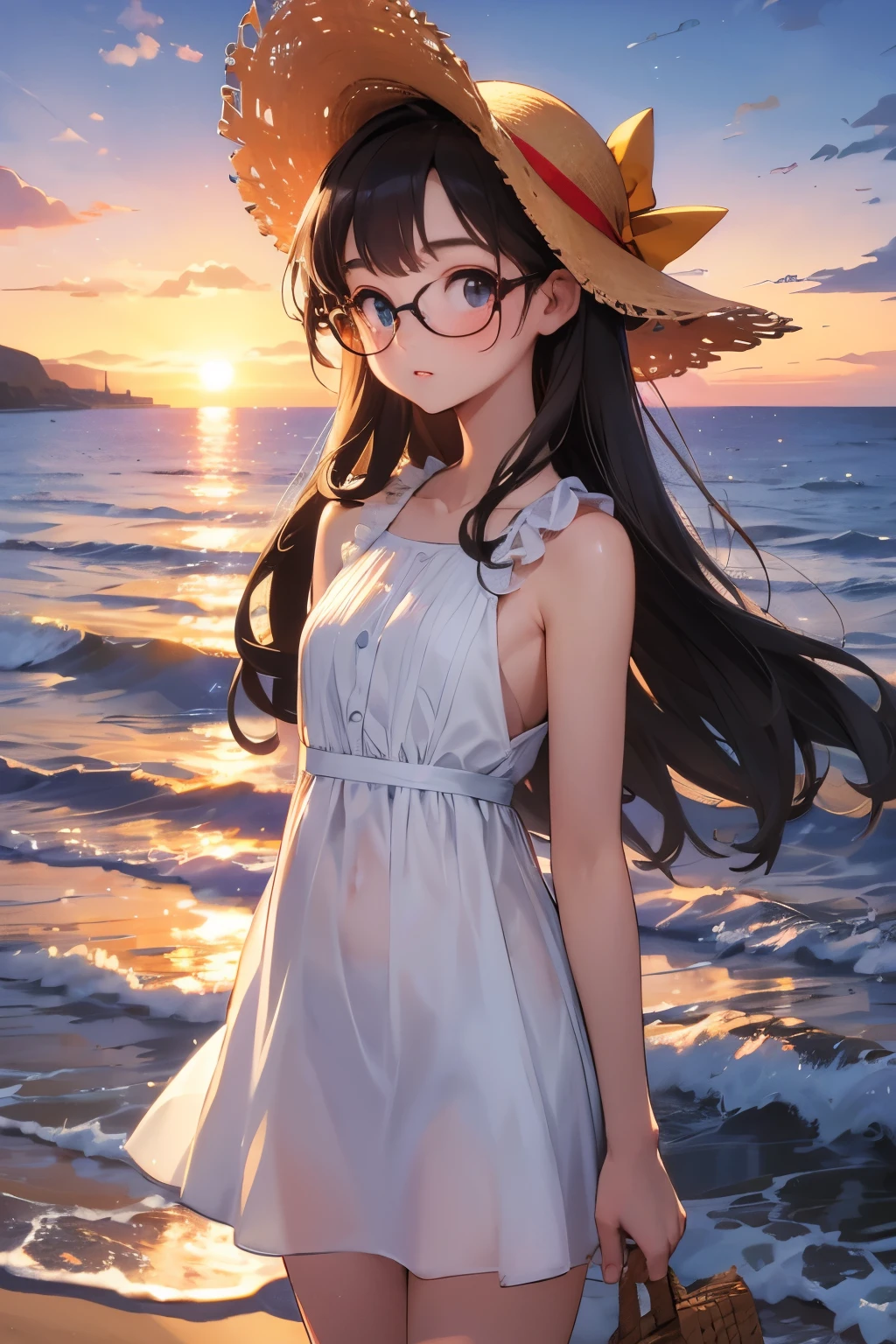 Highest quality，masterpiece，High sensitivity，High resolution，Detailed Description，Very slim ，Very short stature，Flat Chest，Very thin thighs，Baby Face，Glasses，Straw hat，Sleeveless dress，On a seaside pier on a midsummer evening，Smash through the pier at full speed and dive into the ocean，Beautiful sunset，Balloons in hand，The wind is blowing，Summer vacation，hot summer，cumulonimbus，