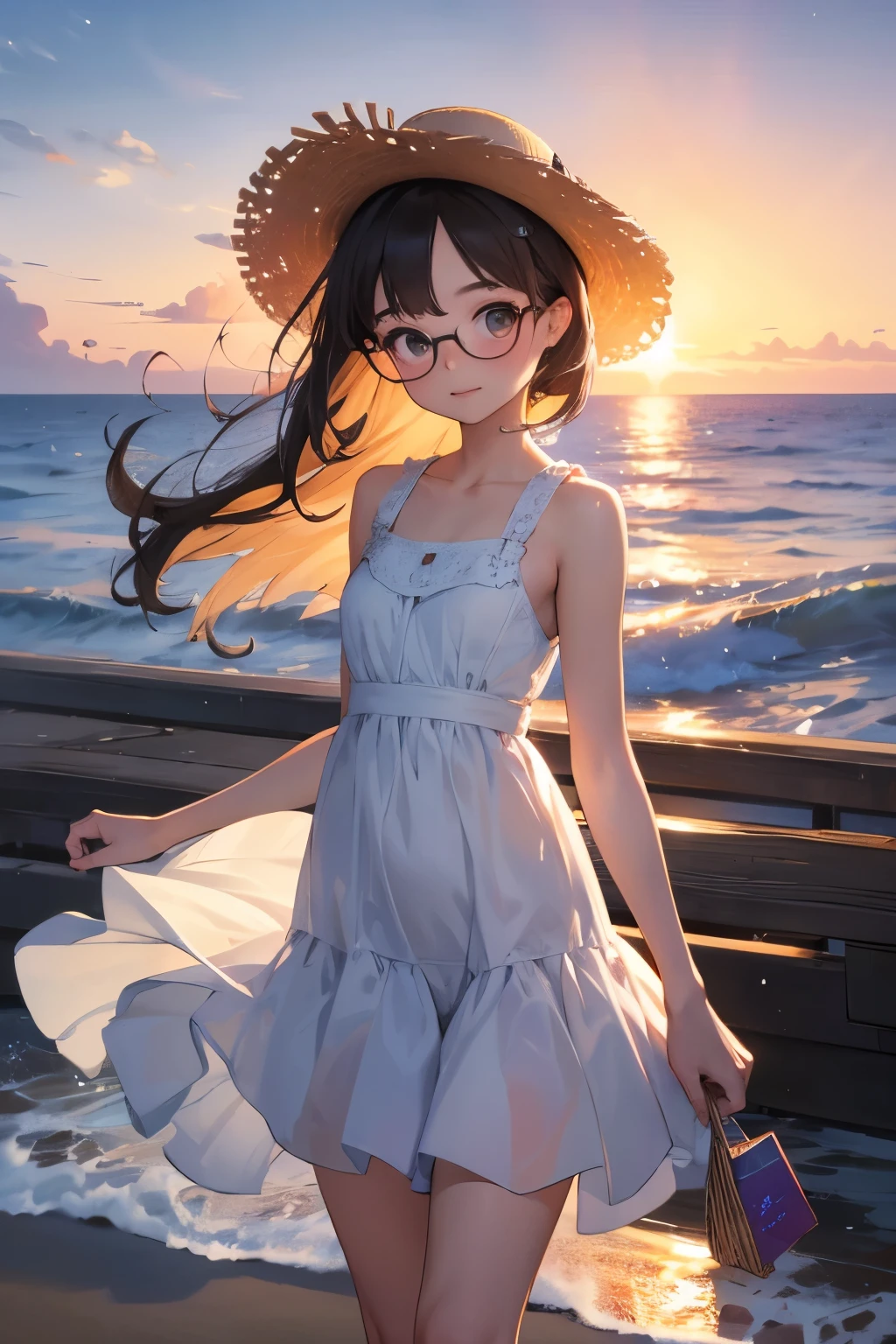 Highest quality，masterpiece，High sensitivity，High resolution，Detailed Description，Very slim ，Very short stature，Flat Chest，Very thin thighs，Baby Face，Glasses，Straw hat，Sleeveless dress，On a seaside pier on a midsummer evening，Smash through the pier at full speed and dive into the ocean，Beautiful sunset，Balloons in hand，The wind is blowing，Summer vacation，hot summer，cumulonimbus，
