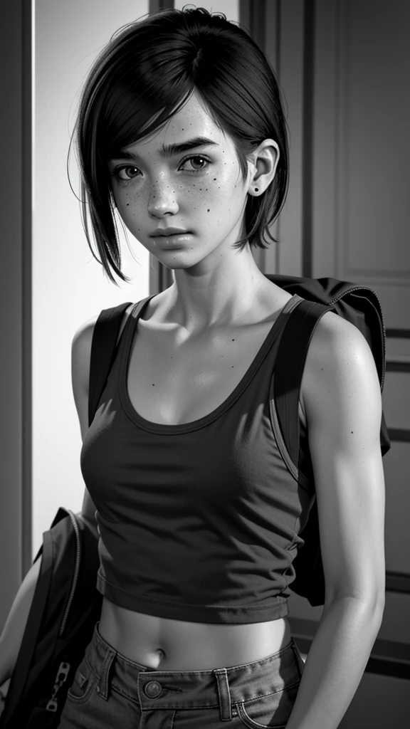 Ellie, 1 girl, Alone, schoolbag, monochrome, realist, if, grayscale, short hair, Low-cut tank top, Upper part of the body, direct color, mole, Lips,medium breasts
,masterpiece, Best Quality, cinematic lighting,
