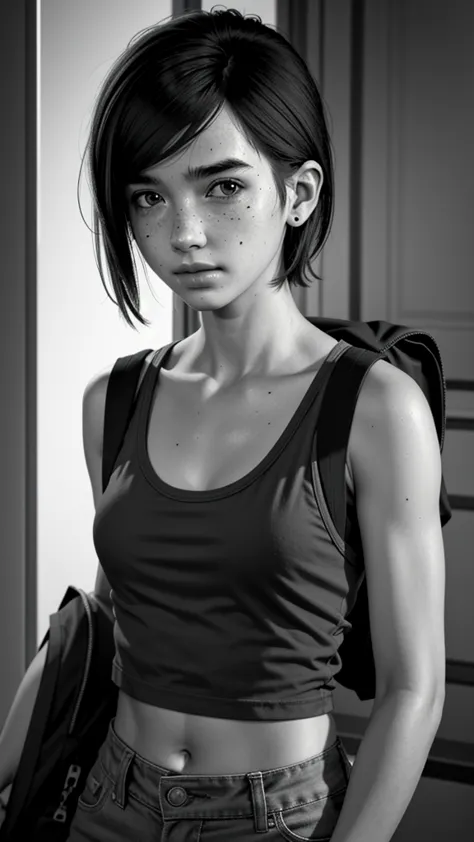 ellie, 1 girl, alone, schoolbag, monochrome, realist, if, grayscale, short hair, low-cut tank top, upper part of the body, direc...