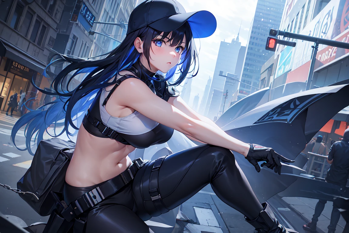 1girl, saorijoumae, saori joumae, blue eyes, blue hair, halo, long hair, mask, mouth mask,bare arms, bare shoulders, belt, black headwear, black pants, black shirt, blue gloves, crop top, gloves, leggings, midriff, navel, pants, shirt, sleeveless, sleeveless shirt, perfect lighting, extremely detailed CG, (perfect hands, perfect anatomy), outdoors, panicking:1.3, blushing, falling from high place:1.5, floating, city below