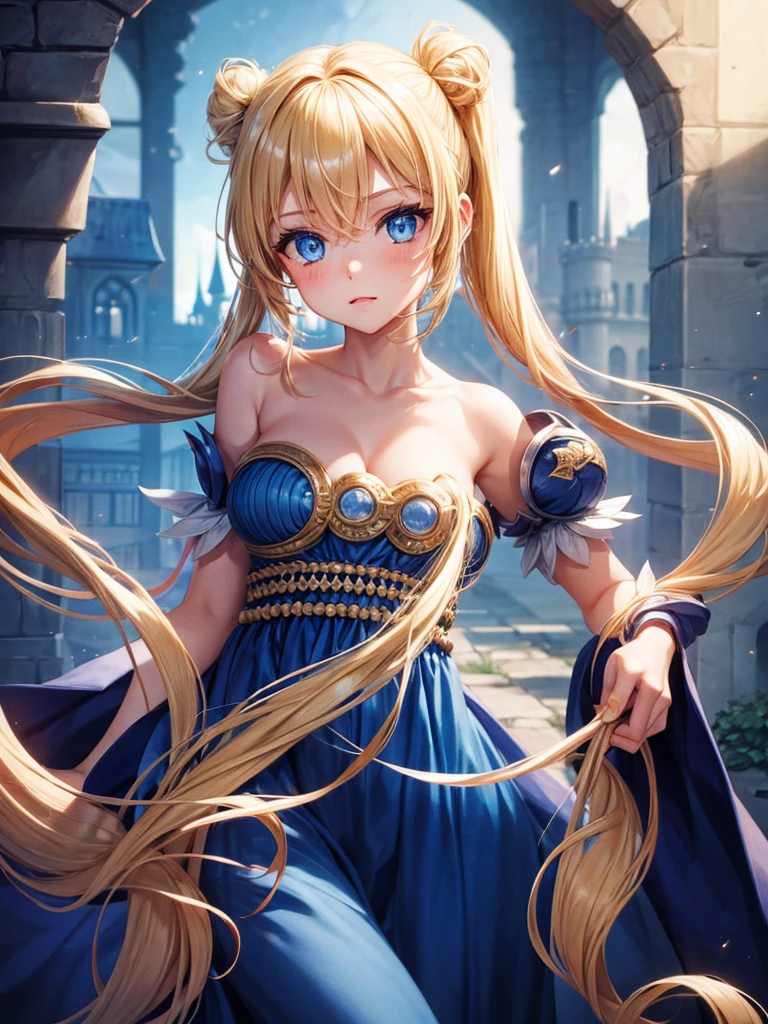 Girl with long blonde hair and two pigtails ,blue eyes,sexy,in a castle on the moon ,dressed as a princess 