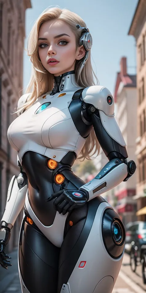 there is a woman in a robot suit posing next to an ancient building, beautiful white girl half cyborg, cute cyborg girl, beautif...