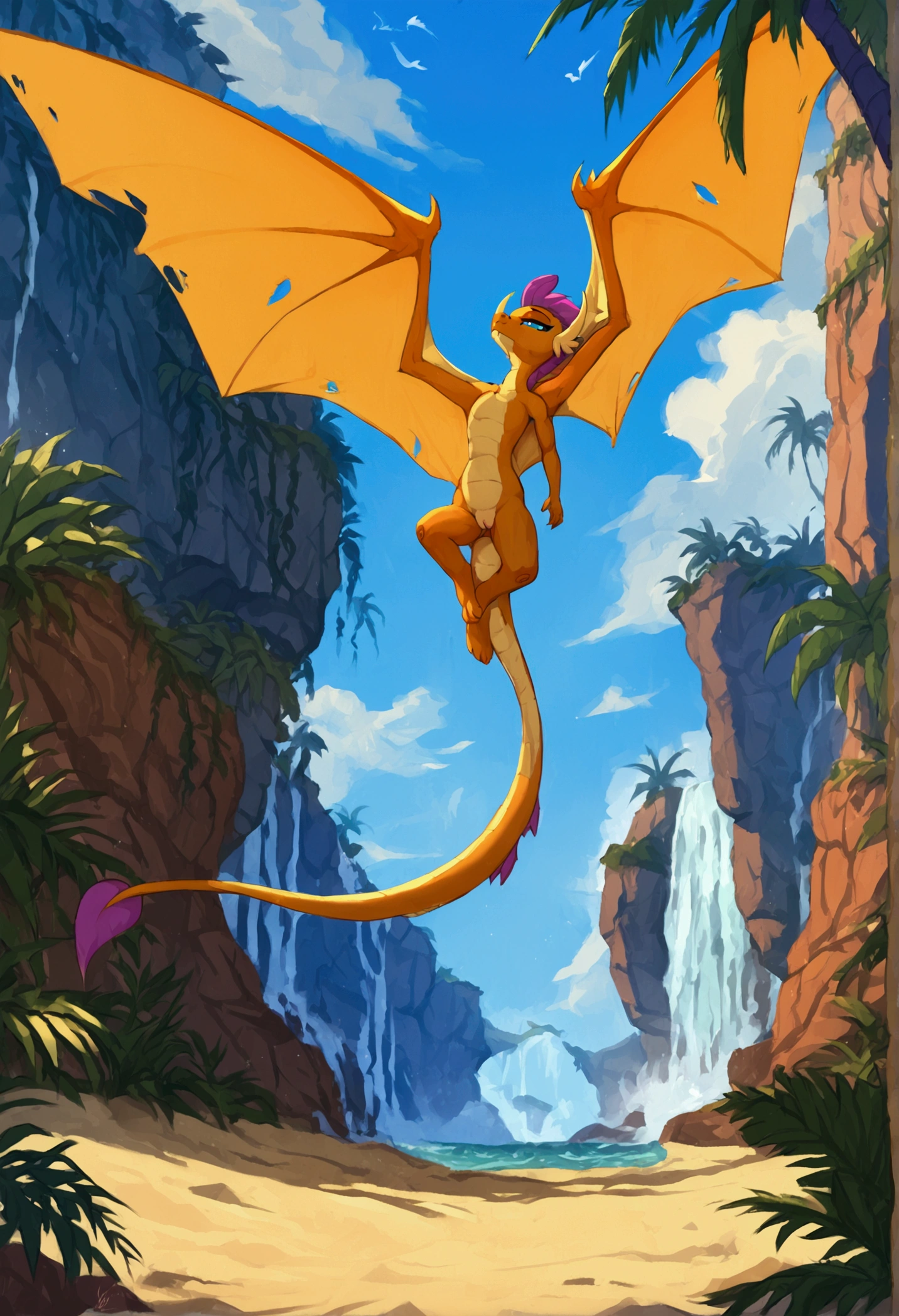 mlp_smolder as huge feral dragon, solo, pussy, score_9,score_8,source_furry, 1girl, orange body, orange skin, purple hair, seductive, flying islands, waterfall, near oasis, sand, tropical plants, palm trees, patches of grass, half closed eyes, 1 girl, size difference