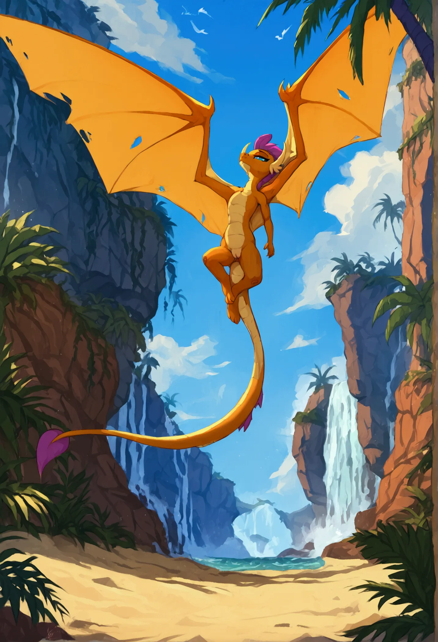 mlp_smolder as huge feral dragon, solo, pussy, score_9,score_8,source_furry, 1girl, orange body, orange skin, purple hair, seduc...