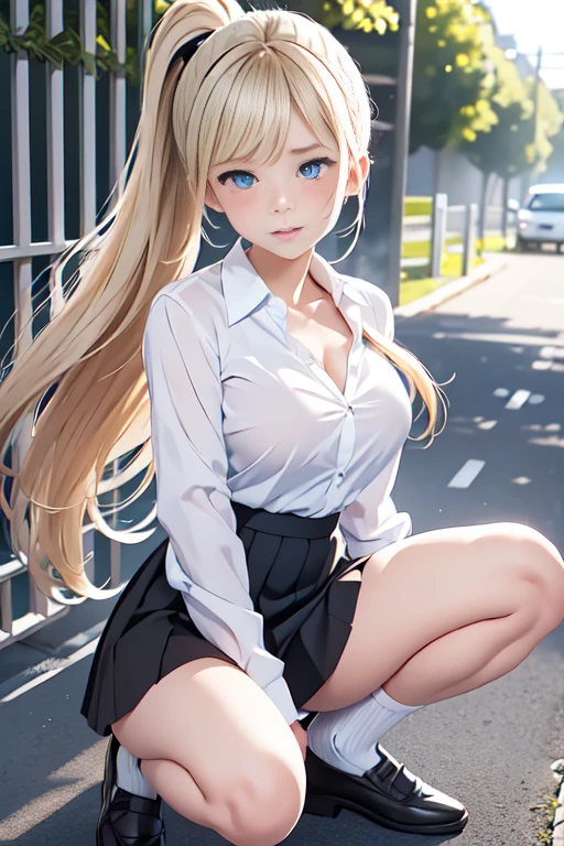 (Highest quality)), ((masterpiece)), (detailed), Natural light，Perfect Anatomy，(((Cute high school girl，Wearing a white open-collar shirt and a black skirt 1.8))),Very sexy，A young woman with a baby face，Small breasts，Very large breasts，Woman squatting with knees raised，Spread your legs，
Beautiful woman，8-head body line，Small face，Beautiful Face，big, well-groomed eyes，Beautiful Blue Eyes，Beautiful double eyelids，Beautiful teeth alignment，Beautiful body lines，Slender body，Beautiful Hands，Slim beautiful legs，Long hands，Thin legs，Long legs，Long and supple hair，Shiny Hair，Beautiful blonde hair，ponytail,Full Body Shot，Embarrassed expression，blush，Crying face，mouth half open,（Sweat），((Steam 1.4))，Embarrassed expression，blush，humiliation，((White open collar shirt 1.3))，High school uniform open collar shirt 1.8，Not wearing a bra，White color panties 1.8,(((Valley 1.7)))，mini skirt，White socks，Black Loafers，Red ribbon around neck，In front of the school gate,See-through,