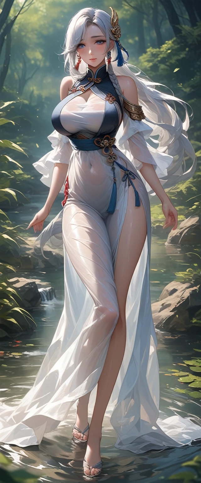 high quality,HD,16K,Sharp Line,1 Girl,fantasy, （Ice and Fire Goddess）,Pretty Face, Large Breasts, Beautiful legs,In the water,Focus Girl,detailed Pretty Face,Detailed clothes,beautiful eyes,Cool,Sexy,Dynamic Angle,穿着华服的神明Strike a pose拍照, Ancient mysterious sexy goddess, Traditional beauty woman, Beautiful female warrior god of war , Beautiful sexy goddess, Gorgeous role-playing, high, Beautiful young girl, Beautiful woman, 华丽Beautiful woman, Complex clothing,Chinese Mystical Aesthetics, Beautiful goddess ancient mysterious girl, Extremely detailed shot of the goddess, Jaw-dropping sexy beauty, Big breasts deep neckline sexy belly button（butt), (bedroom), (Sexy Girls), masterpiece, best quality, Bangs, blush, Chest, clavicle, Eyebrows visible through hair, (Ombre gold hair), Jewelry, Long hair,Bright Eyes, ring, (solitary), illustration, fashionable, miss, Strike a pose, background, element, confident, Express, Accessories, majestic, striking, key point, Dynamic poses, ((plump)), (purple))Woman in transparent dress,Viewer,(((Full breasts, Keeley University))),Slim waist,(Navel exposed,Bare waist), Long hair, extreme detailed details, 详细的fantasy艺术, Stunning character art, Beautiful and exquisite character art, Beautiful transparent dress, Very detailed, Large Breasts，Chest，Golden ratio figure，Beautiful figure，Ultra wide-angle shooting，Full body shot拍摄，Body close-up，Full body shot，Wearing a pleated tulle skirt，柔和动漫illustration, 柔和的深色background，Fujifilm XT3 Clear focus, f 5.6, High Detail, Clear focus,(Wearing openwork clothing),, (Natural light), (Tempting)translucent, Good velvet quality, Compared, Divine Light,, Silver hair, 夜空background, Absolute Strength,Female Shinmei，穿着性感丝绸的Female Shinmei,，Large Breasts，Chest，Golden ratio figure，Beautiful figure，Ultra wide-angle shooting，Full body shot，Body close-up，Full body shot， Wearing a tulle dress, Model shooting style, Large Breasts，饱满Chest，Golden ratio figure，Beautiful figure，(Extremely detailed CG 8k wallpaper unit), The most beautiful artistic photos in the world, , 8K 超HD, ) ，Sexy姿态，Sexy表情，best quality,masterpiece,Ultra-high resolution,(Practical:1.4),original photo,Ultra-high resolution