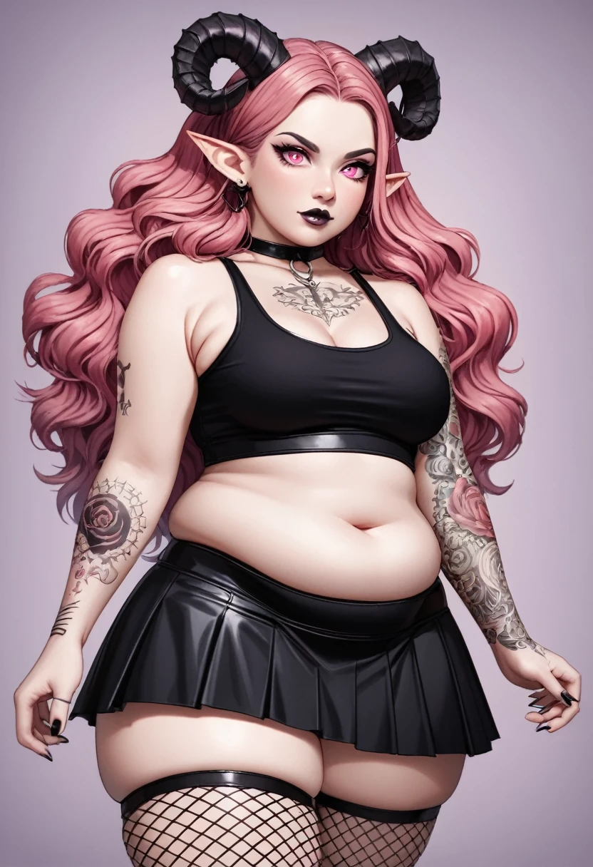 a 2d, handdrawn, gothic succubus anime character, she is slightly chubby and has purple skin and pastel pink eyes, pointed elf ears, two curved horns coming out of her head and long red wavy hair, she is wearing a tight black crop top, a black mini skirt and chunky black boots that go up to her knees, she is also wearing black fishnet tights, she has tattoos covering both her arms, a tattoo on her throat, and a black line tattoo across the bridge of her nose, she looks powerful and intimidating 