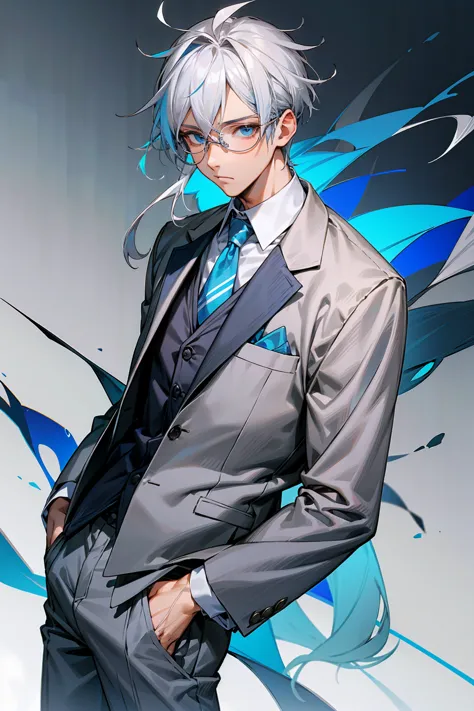 1male, young adult, glasses, blue eyes, white hair with blue highlights, blue school blazer, grey school vest, grey pants, schoo...