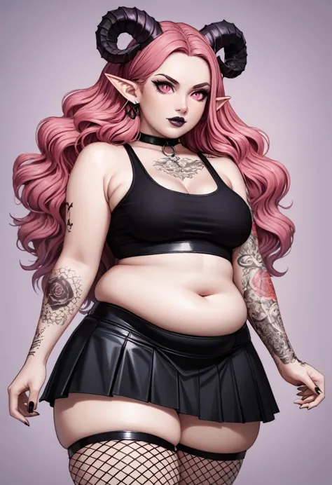 a 2d, handdrawn, gothic succubus anime character, she is slightly chubby and has purple skin and pastel pink eyes, pointed elf e...