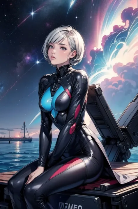 (20-year-old woman,short hair) at pier , sitting, flower, futuristic clothing, machinery suit, (the background is a galaxy and n...