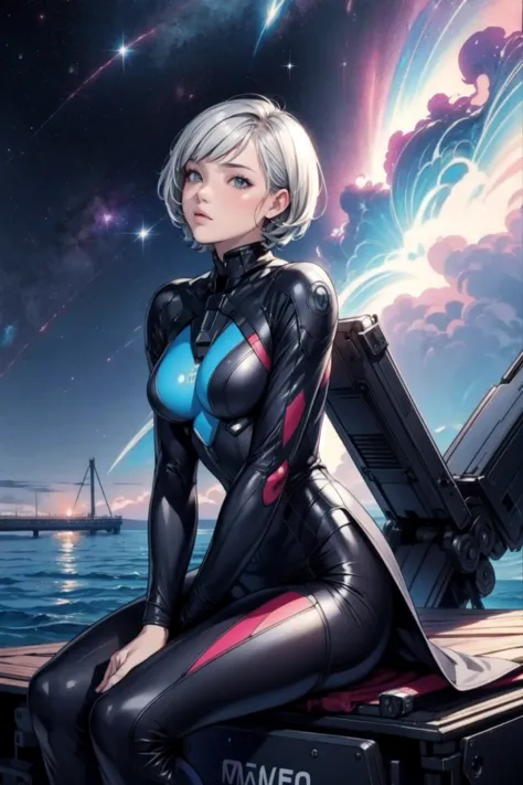 (20-year-old woman,short hair) at pier , sitting, flower, futuristic clothing, machinery suit, (the background is a galaxy and n...