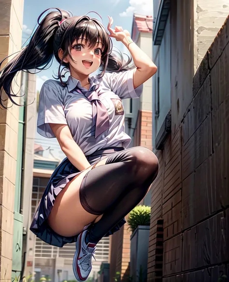 black hair with ponytail school uniform very happy and jumping