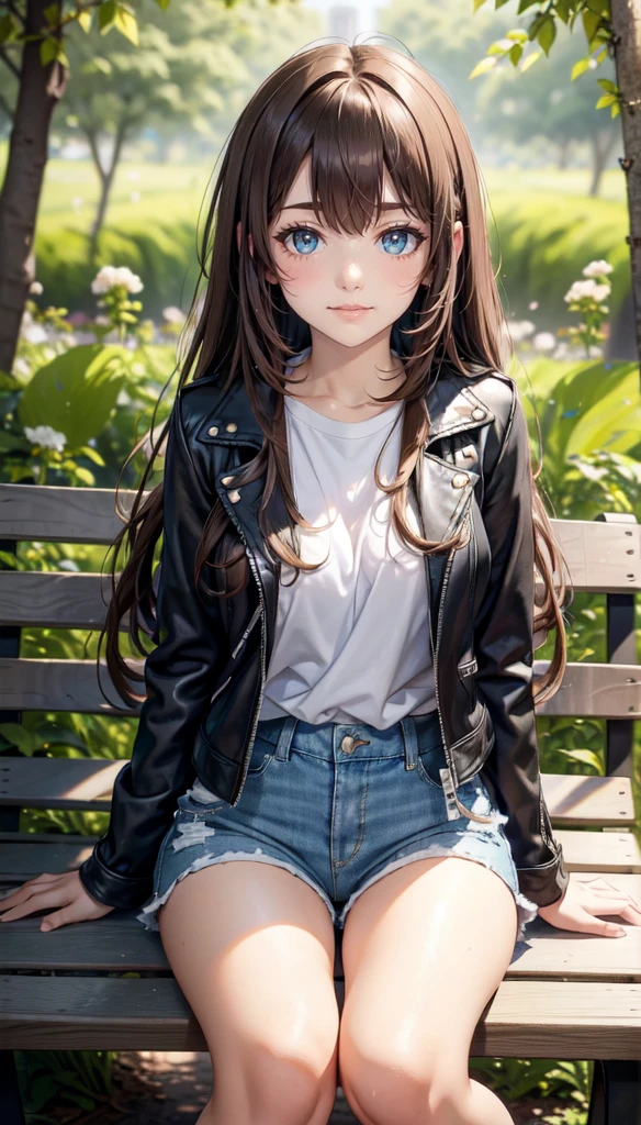 An 1 girl with green eyes and a beautiful, cute long hair hairstyle with bangs ("Straight Long Brown Hair with Bangs"). She is cheeky, but incredibly sweet and has a charming, playful expression on the face. She wears a cool leather jacket, underneath a white T-shirt, black denim shorts, tights with white ankle socks and black high heels. She is sitting on a very detailed bench in a beautiful park, surrounded by green trees, colorful flowers and soft rays of light, that fall through the leaves. The park should be full of natural details, which underline the peaceful and beautiful atmosphere. The image should be highly detailed, with HDR and Ultra 8K resolution, about the textures of their clothes, the lively environment and its cheeky, sweet expression perfectly captured.


