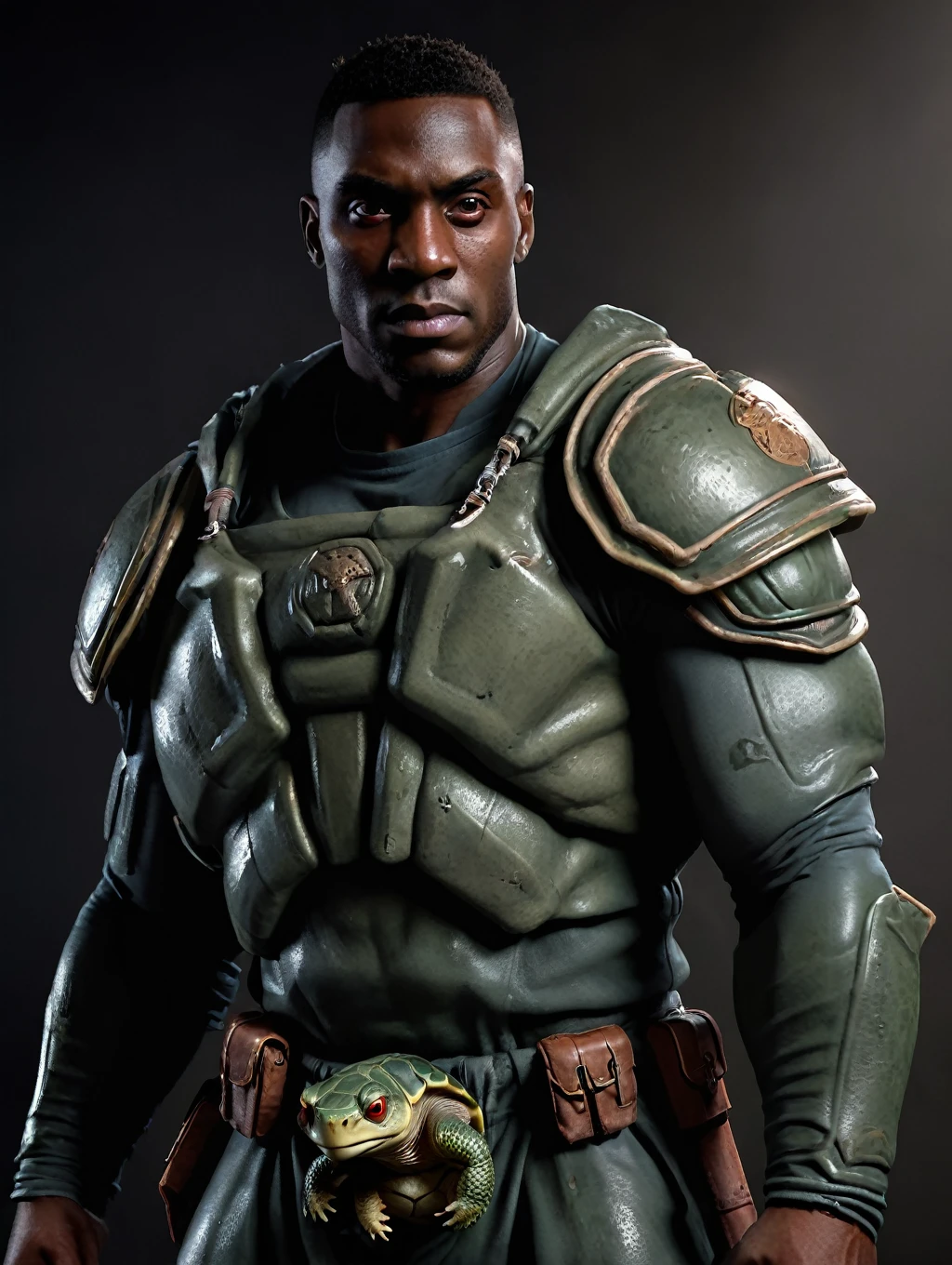 a muscular man with dark skin, red eyes, wearing a turtle school uniform, (best quality,4k,8k,highres,masterpiece:1.2),ultra-detailed,(realistic,photorealistic,photo-realistic:1.37),detailed muscles,hyper realistic portrait,highly detailed face and body,extremely detailed eyes and face,longeyelashes,sharp focus,vivid colors,professional lighting,chiaroscuro lighting,dramatic lighting,cinematic lighting,3D rendering,digital painting,concept art,character portrait,male focus,bersecar,