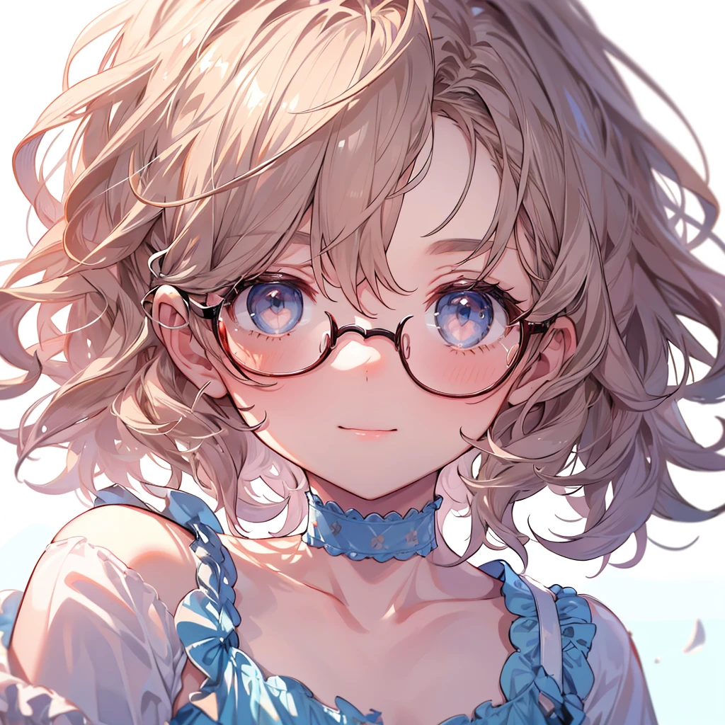 masterpiece, 1 girl, (Face position is in the center),(White solid background),(Light sky blue dress shirt),(Glasses),Brown Haired Girl, curly short hair, Messy Hair, Ruby Eyes, Ahoge, Baby Face, Beautiful Eyes, Droopy eyes, Her age is 1, Fascinating face, short hair, Captivating smile, Curly Hair, She is very close to you, choker