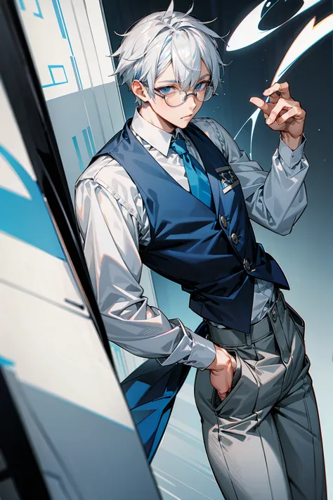 1male, young adult, glasses, blue eyes, white hair with blue highlights, blue school vest, grey pants, school clothes