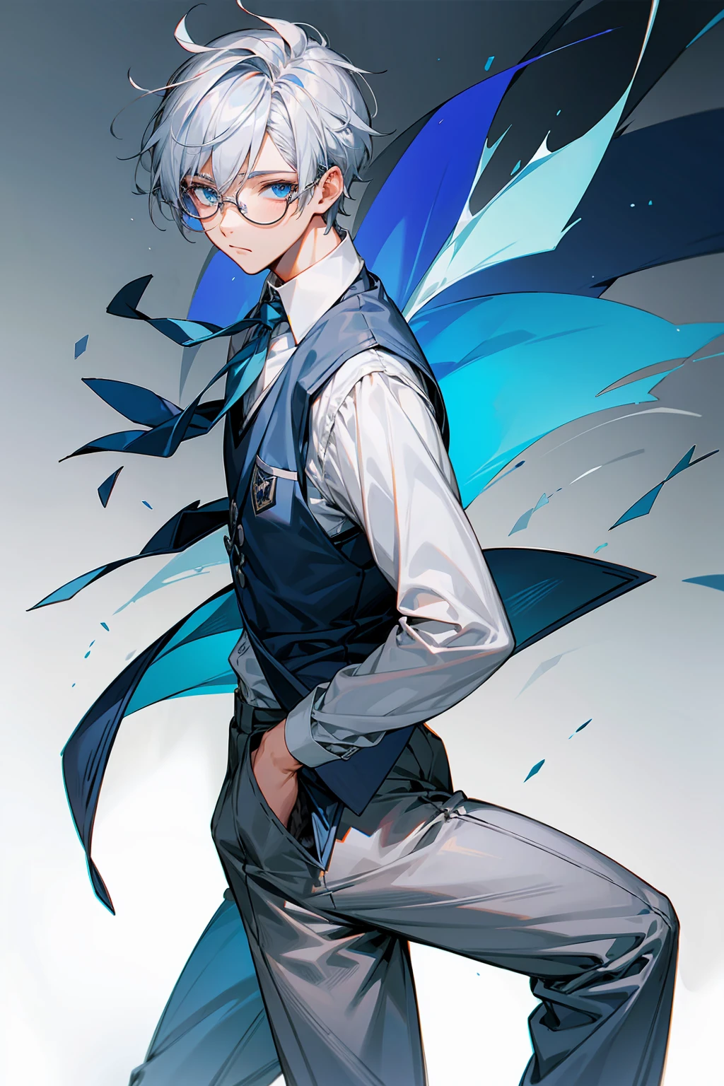 1male, Young Adult, Glasses, Blue Eyes, White Hair With Blue Highlights, Blue School Vest, Grey Pants, School Clothes