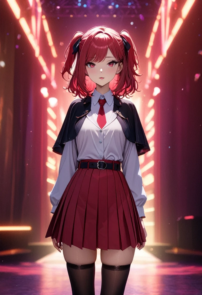 8k,highres,absurdres,masterpiece,best quality,original,extremely detailed CG,extremely detailed wallpaper,perfect lighting,1girl,solo,blurry_background,looking_at_viewer,standing on the stage, EstelGacha,medium hair,pleated skirt,white shirt,red eyes,black thighhighs,long sleeves,twintails,red hair,necktie,collared shirt,belt,miniskirt,two side up,black capelet,red skirt,
