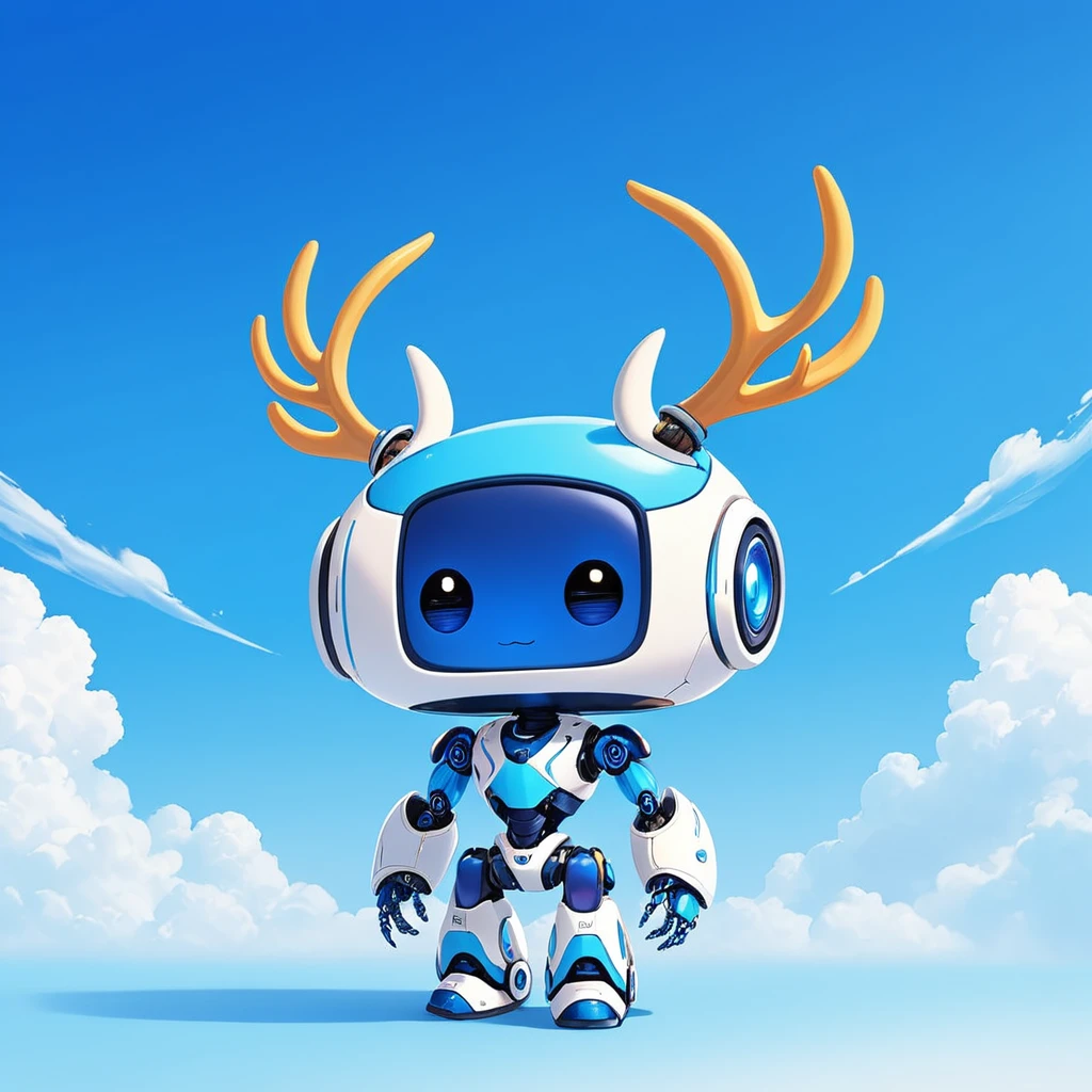 cute robot , blue antler with primary bright blue color palette with white dark blue sky-blue