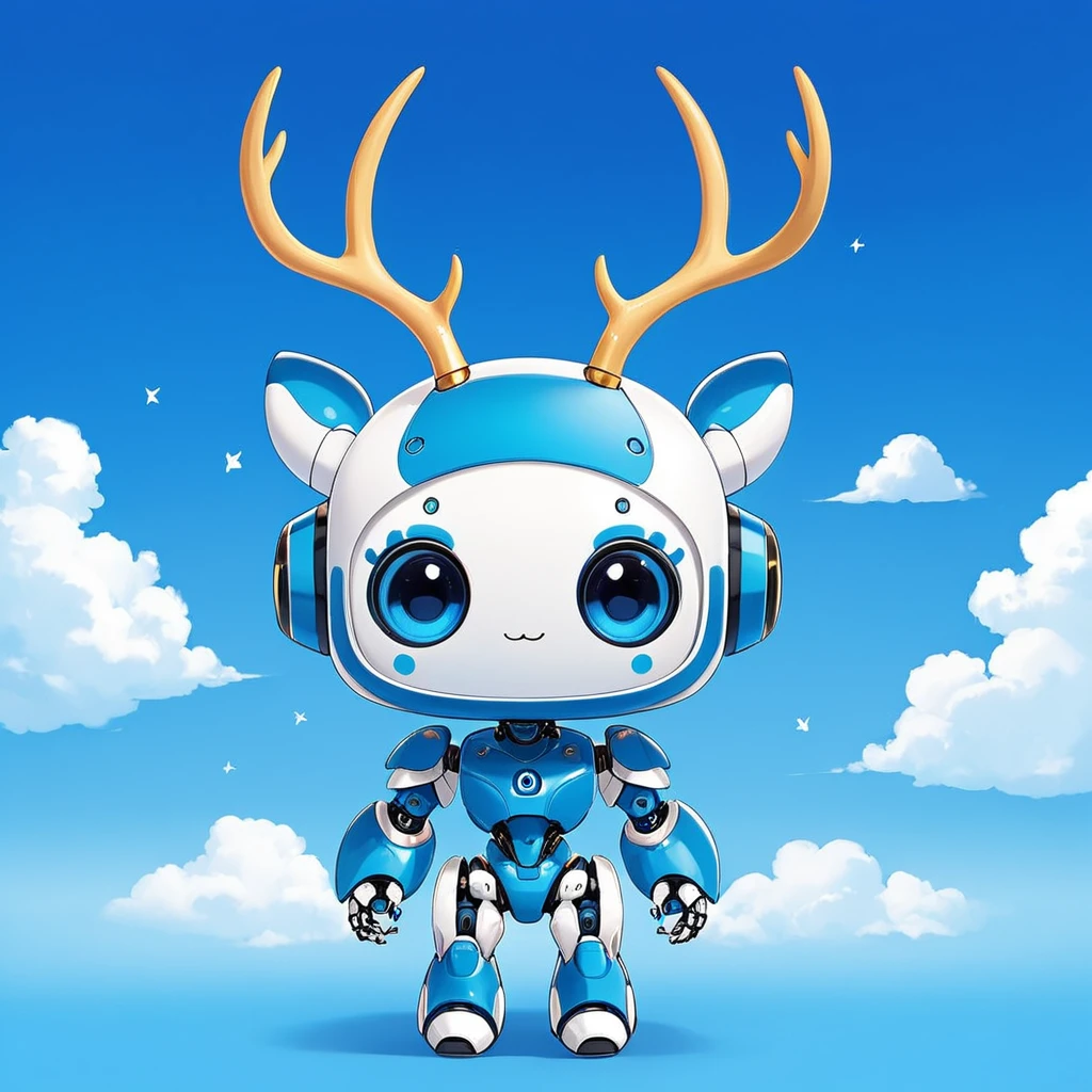 cute robot , blue antler with primary bright blue color palette with white dark blue sky-blue