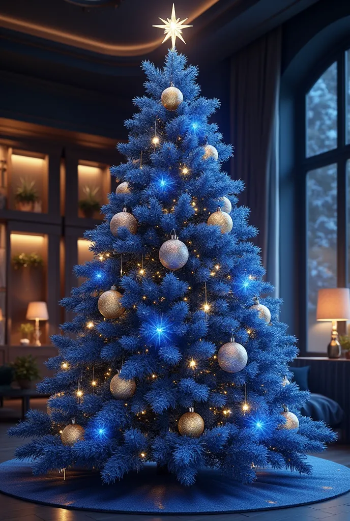 Christmas tree with decorations in indigo blue, silver and gold 