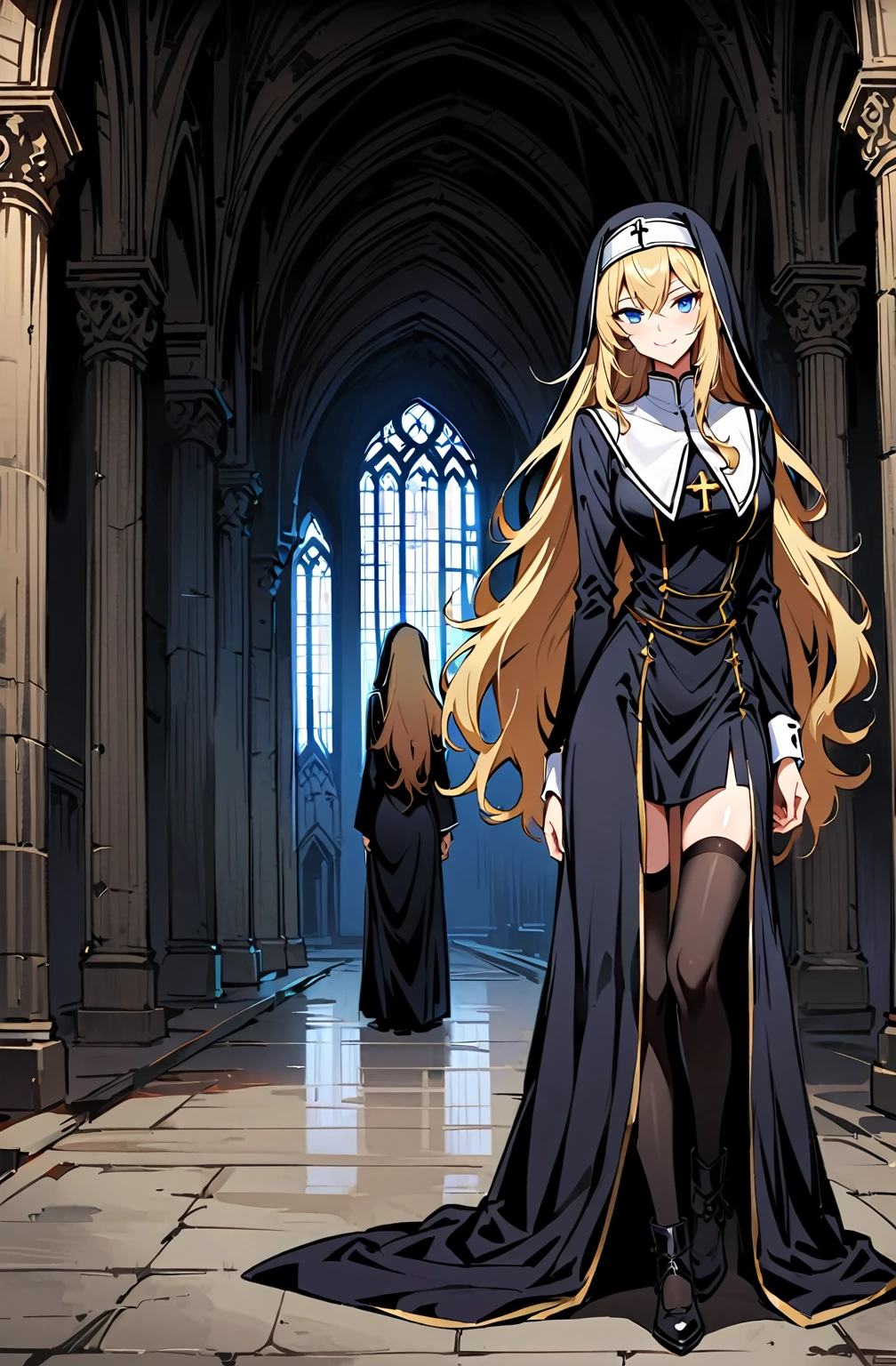 Framed Presentation of a girl in a black nun costume woman, ((Wearing black thighhighs)),  ((Black pleated mini skirt)),black nun,(((blond Long Hair))),((Black nun Costume)),((full body)),((blue eyes)),elegant,holy,cathedral background,evil smile,