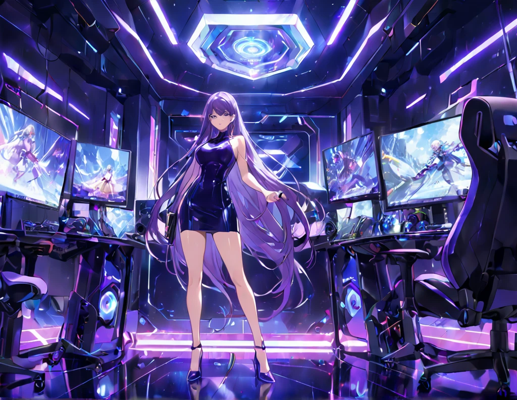 "Create a masterpiece an anime-style illustration of a confident and stylish hot babe wearing a sleek, form-fitting dress and high heels, standing in a highly detailed, futuristic gaming room. The room is illuminated with vivid LED lights in blue and purple tones, reflecting off the glossy surfaces of the gaming equipment, monitors, and accessories. The woman has long flowing hair, striking a pose while holding a game controller. The environment should include multiple screens displaying vibrant, dynamic gameplay, a high-end gaming chair, and various tech gadgets, all meticulously detailed to create an immersive and high-tech atmosphere."