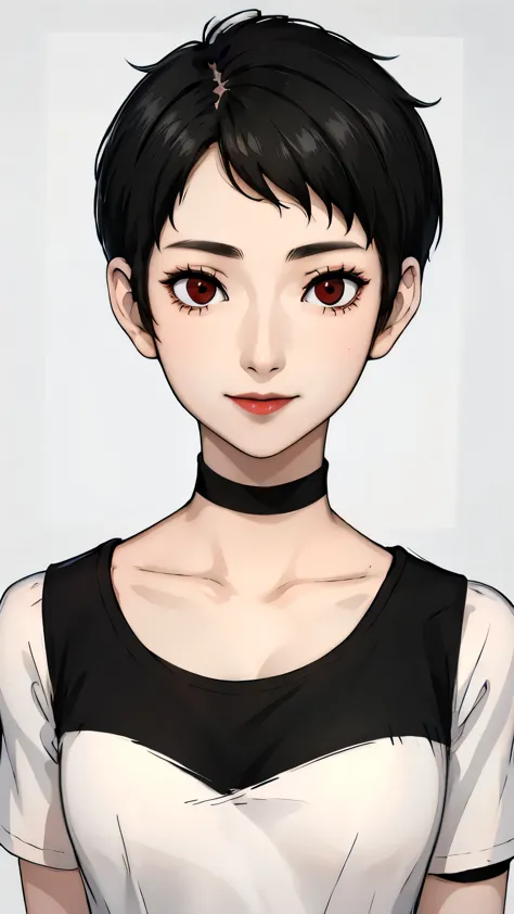 1 girl, very short hair, black hair,tomboy pixie haircut, red eyes, black lipstick, black choker, face portrait, t-shirt , front...