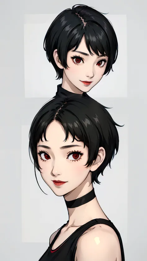 1 girl, very short hair, black hair,tomboy pixie haircut, red eyes, black lipstick, black choker, face portrait, t-shirt , side ...