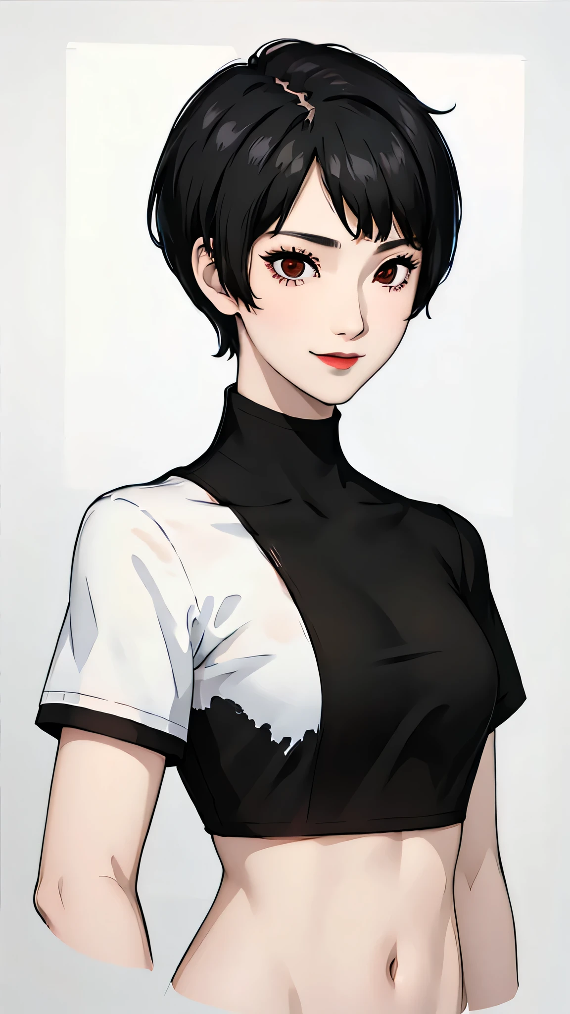 1 girl, very Short hair, black hair,tomboy Pixie haircut, red eyes, black lipstick, black choker, face portrait, t-shirt , side face, white background,  smile