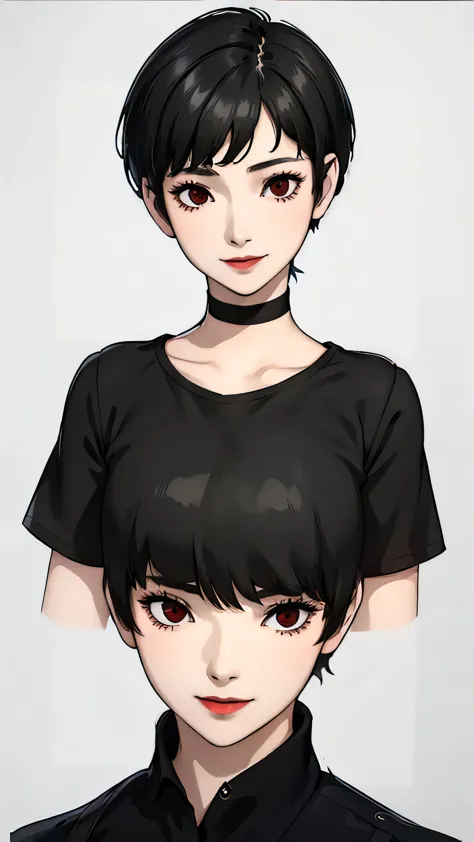 1 girl, very short hair, black hair,tomboy pixie haircut, red eyes, black lipstick, black choker, face portrait, top shirt , sid...