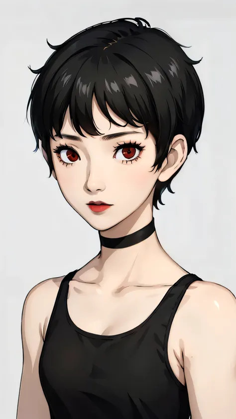 1 girl, very short hair, black hair,tomboy pixie haircut, red eyes, black lipstick, black choker, face portrait, tank top , fron...