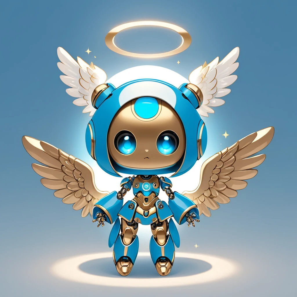 cute robot , Angel with white light-blue and gold color palette 
