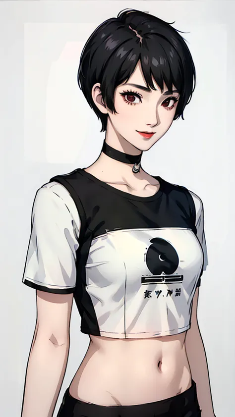 1 girl, very short hair, black hair,tomboy pixie haircut, red eyes, black lipstick, black choker, face portrait, t-shirt, side f...