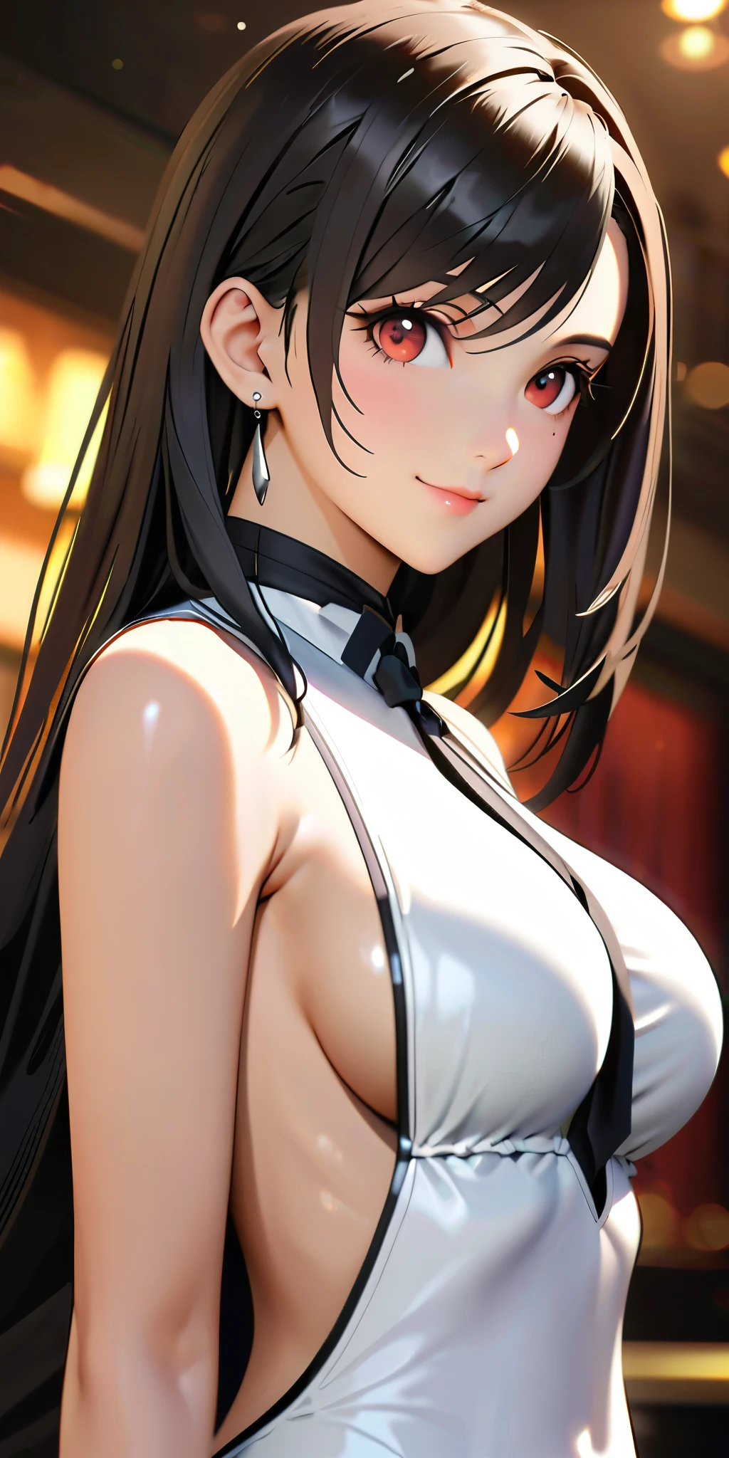 (((((tifa lockhart:1.5))))),((Highest quality、masterpiece、anime style、best quality、high resolution、8k、detailed、ultra-detailed:1.3))、Beautiful woman with perfect figure:1.4、(Smiling:1.2), double eyelid、30-year-old female、((((One Woman,beautiful face,Beautiful face,upper body:1.5)))),Big Breasts、High resolution, accurate, Anatomically correct, High-resolution model, high quality, Very detailed, Ultra high definition、Black Hair、Straight Hair、Long Hair、cabaret girl, hostesses,Luxury Lounge、(((backless white dress)))