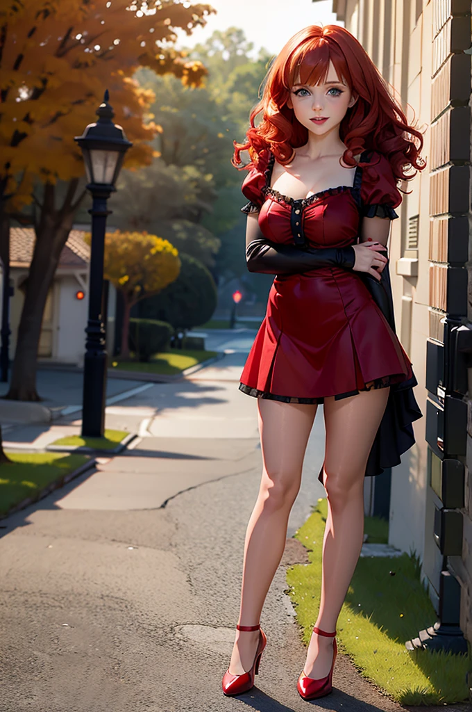 Melissa Rauch, vampire girl, very curly red  hair, tiny gothic minidress,  pantyhose,     satin elbow gloves,  shoes,  sun shiny day 