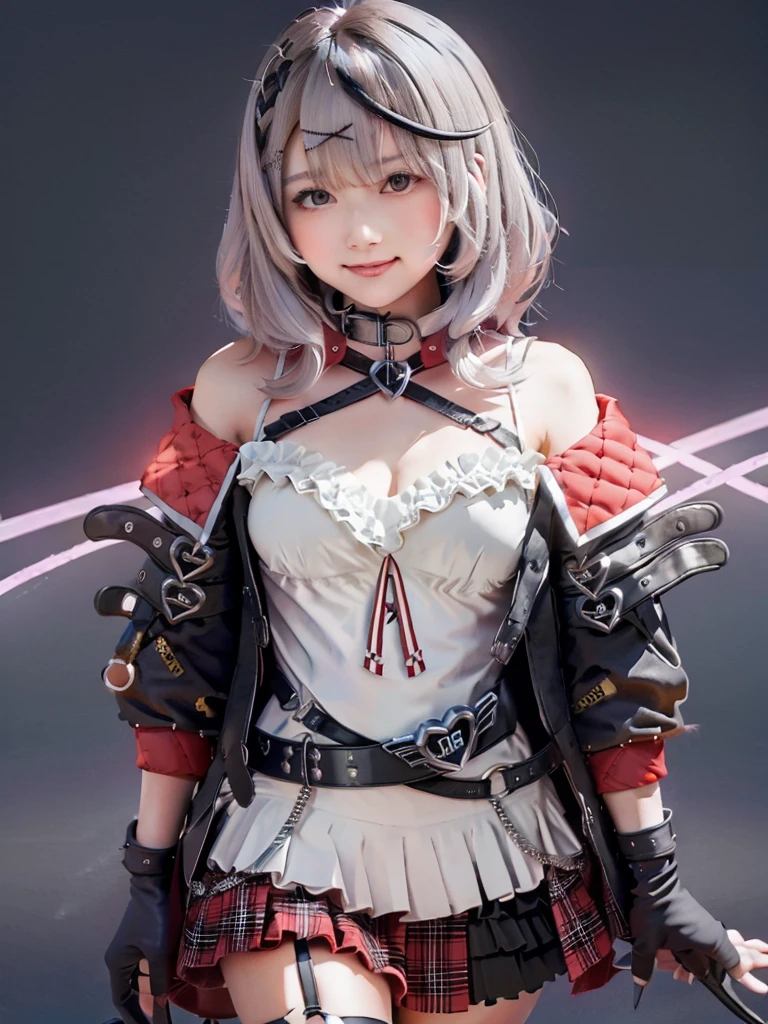 ​masterpiece、top-quality、Hi-Res、1 girl、solo、redeyes、Reverse crotch Chloe、garter strap、Black fingerless gloves、Torn Niso、white  hair、hair adornments、Multicolor hair、plaid skirts、Streak hair、cleavage of the breast、× hair ornament、A darK-haired、a red skirt、Black collar、white camisole、mideum breasts、a miniskirt、pleatedskirt、Black Thigh Socks、Braids、white  shirt、Black belt、Medium hair、Black jacket、Plaid ribbon、Hood Up、long-sleeve、off shoulders、a smile、deph of field、walking、A sexy