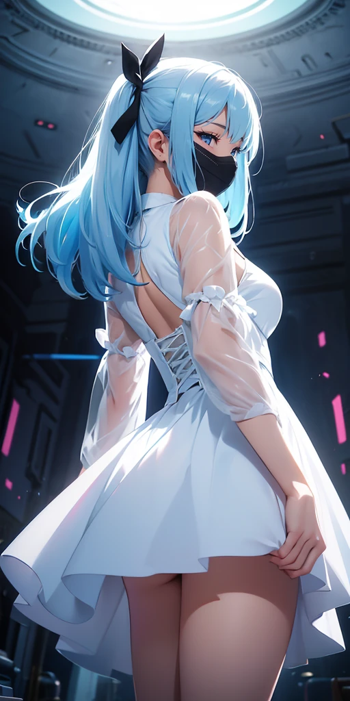  Girl, Long light blue hair, short white shiny dress with bow, Black mask, Wendy, upskirt, light from behind, low angle view, balanced exposition, No motion blur, digital illustration technique. Highly detailed, depth of field, highly reflected