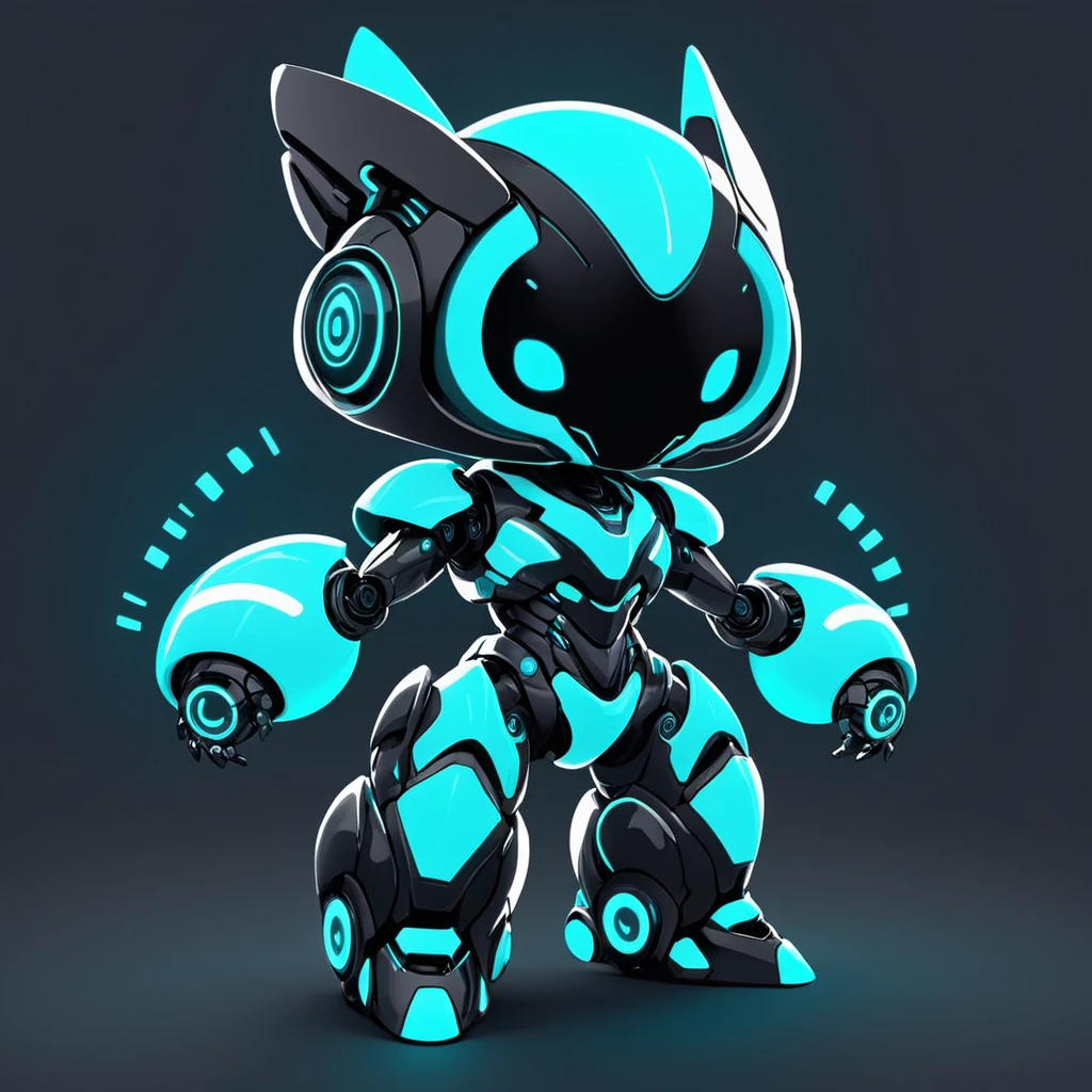 cute robot , armoroid with white black neon blue and light-teal color palette