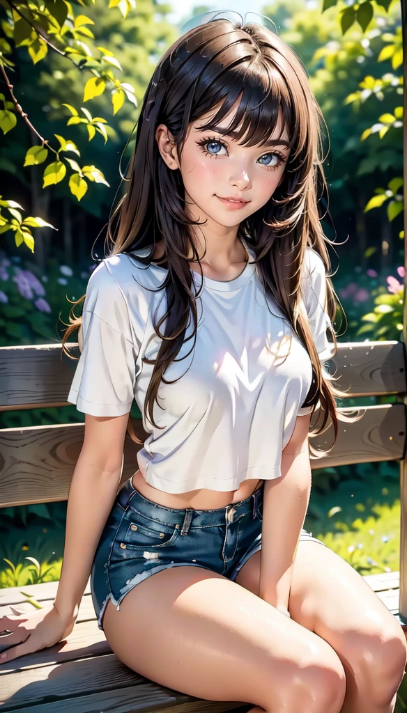 An 1 girl with green eyes and a beautiful, cute long hair hairstyle with bangs ("Straight Long Brown Hair with Bangs"). She is cheeky, but incredibly sweet and has a charming, playful expression on the face. She wears a cool leather jacket, underneath a white T-shirt, black denim shorts, tights with white ankle socks and black high heels. She is sitting on a very detailed bench in a beautiful park, surrounded by green trees, colorful flowers and soft rays of light, that fall through the leaves. The park should be full of natural details, which underline the peaceful and beautiful atmosphere. The image should be highly detailed, with HDR and Ultra 8K resolution, about the textures of their clothes, the lively environment and its cheeky, sweet expression perfectly captured.(full body focus)


