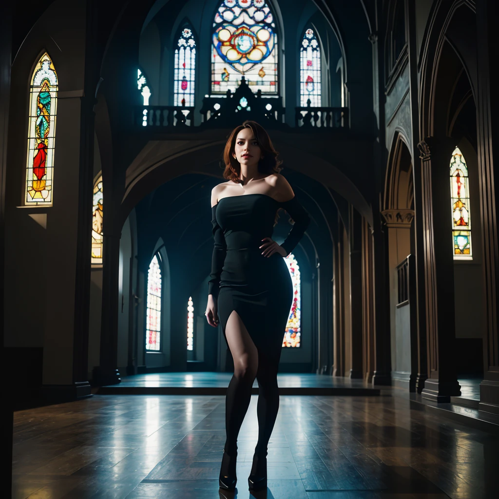 A powerful figure with an intense, yet distant gaze, a gothic redhead with deep auburn curls cascading over her shoulders. Her plus-size frame is toned, standing confidently in a dynamic pose, with hints of melancholy in her expression. The scene is a dimly lit cathedral, gothic arches towering above, as light streams through stained glass windows, casting colorful patterns on the floor. In the top right corner, the artist’s signature “ai LELYON” stands out. Studio lighting with cinematic contrasts highlights her silhouette. Photo taken by Ellen von Unwerth with a Canon EOS 5D Mark IV, Award Winning Photography style, soft shadows and volumetric lighting, 8K, Ultra-HD, Super-Resolution. --v 5 --q 2