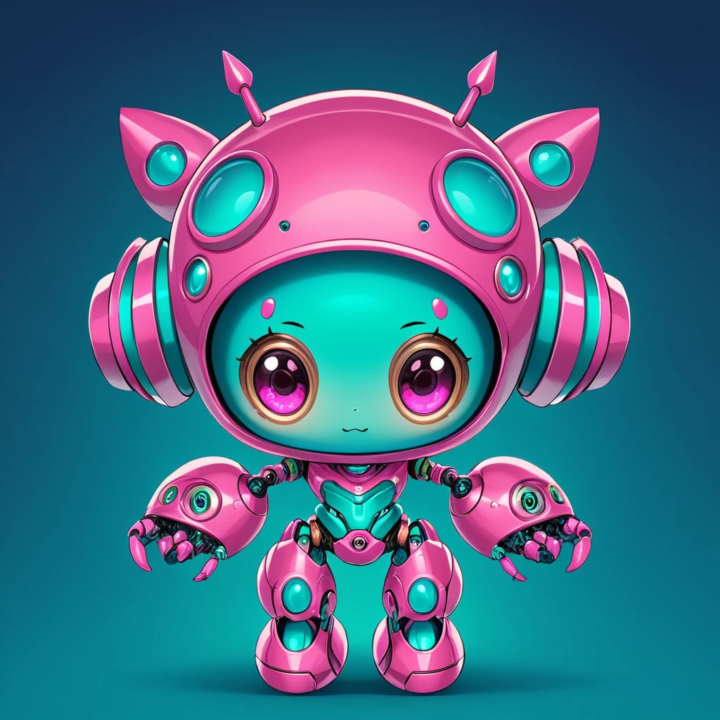 cute robot , amprey with green fuchsia and blue color  palette 