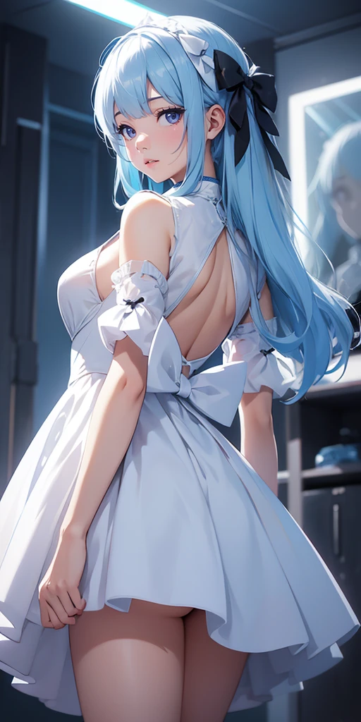  Girl, Long light blue hair, short white shiny dress with bow, Black mask, Wendy, upskirt, light from behind, balanced exposition, No motion blur, digital illustration technique. Highly detailed, depth of field, highly reflected