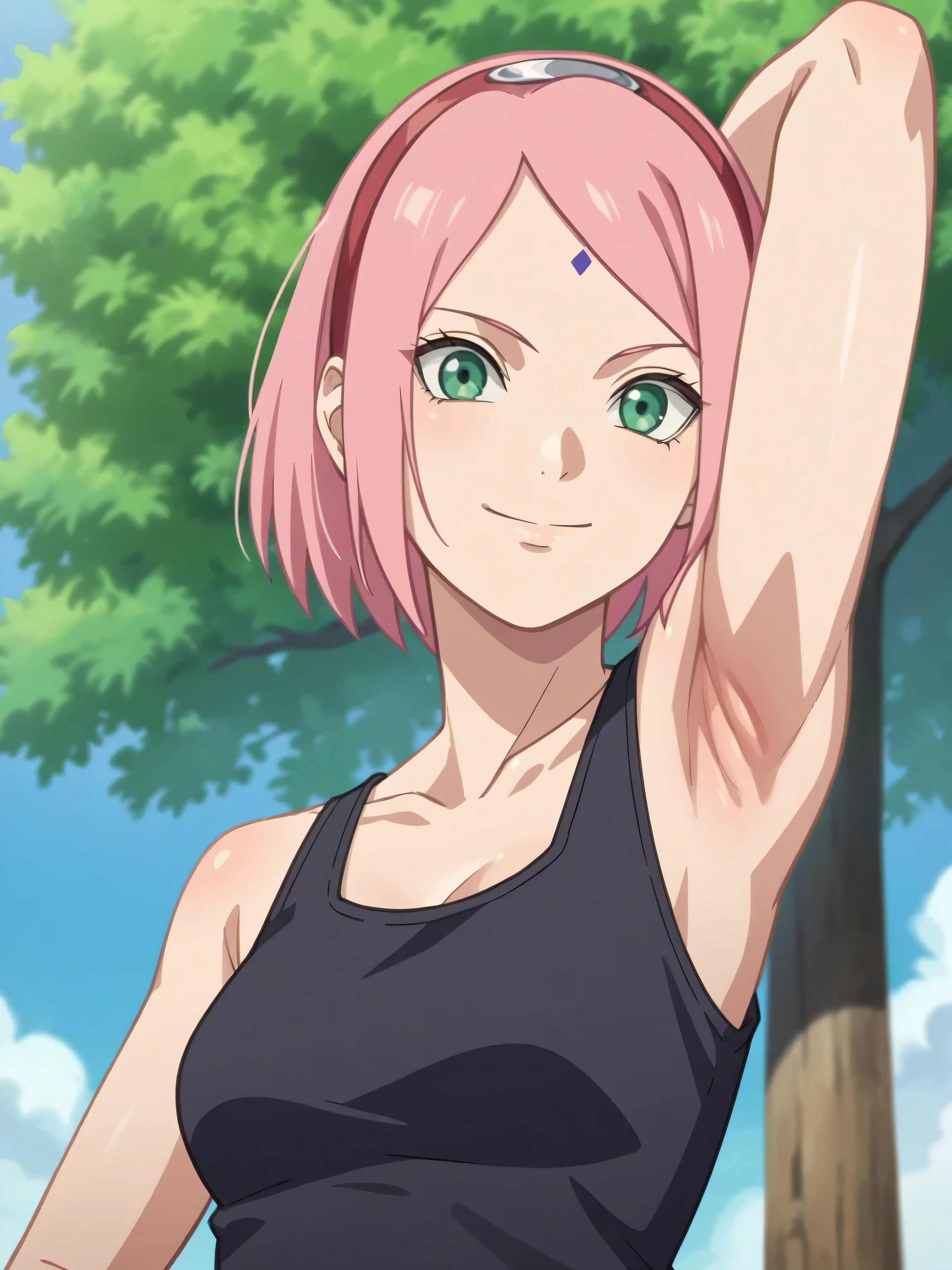 score_9, score_8_up, score_7_up, source_anime, anime screencap, 1girl, solo, outdoors, day, haruno sakura, pink hair, short hair, green eyes, forehead mark, hairband, tank top, black tank top, collarbone, medium breasts, bare shoulders, bare arms, looking at viewer, eye contact with viewer, facing viewer, smile, closed mouth, arms up, raised arms, armpits, mature female