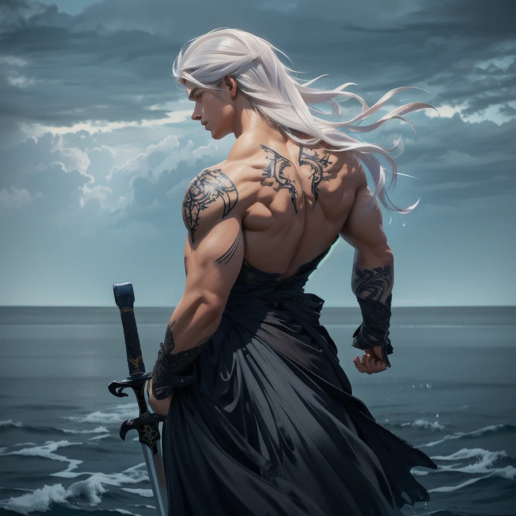 Long white hair femail, tied-back hairstyle, muscular physique, intricate black tattoo on the back, black flowing robe with layered fabric, holding a sword in the right hand, standing pose, facing away from the camera, looking at the water, outdoor setting, water in the background, slight drizzle, dramatic and intense atmosphere, back view angle, well-defined shadows, balanced exposure, no motion blur, strong and serene ambiance.